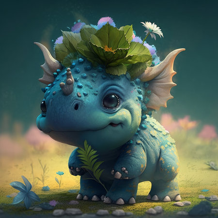 Cute little dinosaur with flowers and leaves Generative AIの素材