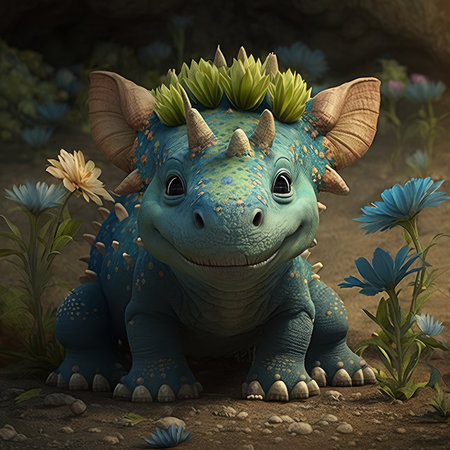 Generative AI of a cute blue dinosaur with flowers in the backgroundの素材