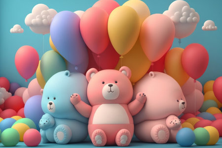 Cute teddy bears with colorful balloons. Generative AIの素材