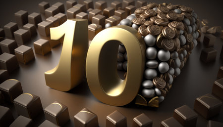 10 Years Anniversary Golden Number on Black Background with Cubes. Generative AIの素材