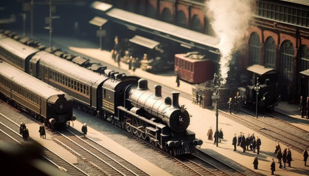 Railway station with steam locomotive. Vintage style toned picture. tilt-shift photograph, selective focus. Generative AIの素材