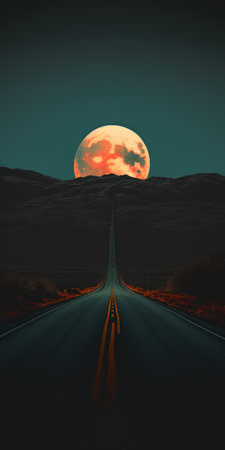 road in the mountains at sunset with a full moon. Generative AIの素材