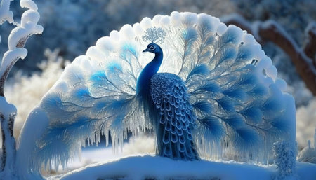 Beautiful blue peacock in the winter forest. Winter landscape. Generative AIの素材