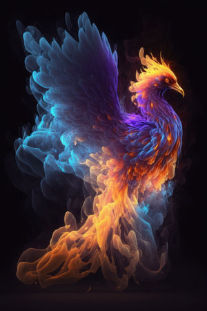 Generative AI of a colorful Phoenix in fire on black backgroundの素材
