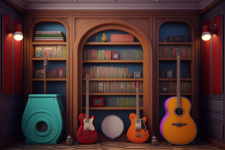 Generative AI of a library interior with bookshelves, guitar and speakersの素材