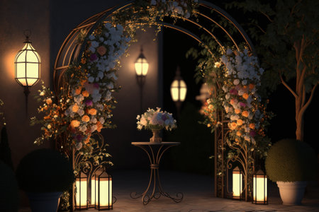 Wedding arch with flowers and lanterns. Generative AIの素材