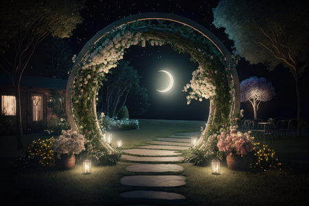 Wedding arch in the garden at night, Generative AIの素材