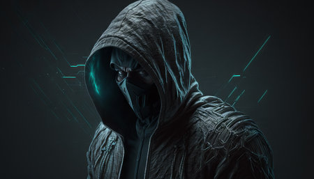 Hacker in mask and hood on dark background with glowing lines concept. Generative AIの素材