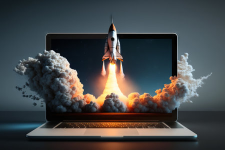 Rocket launch from a laptop screen. Generative AIの素材