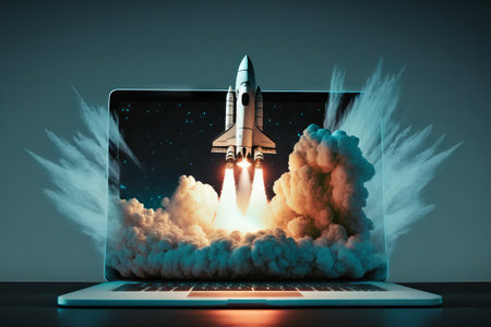 Rocket coming out of laptop screen. Startup concept. Generative AIの素材