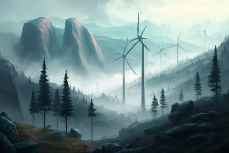 Digital painting of wind turbines in a foggy valley. Generative AIの素材