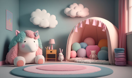 Generative AI of child room with pink unicorn and cute animal.の素材
