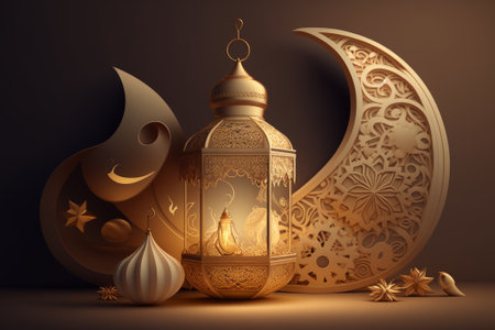 Generative AI of Ramadan Kareem background with golden lantern and crescent moonの素材