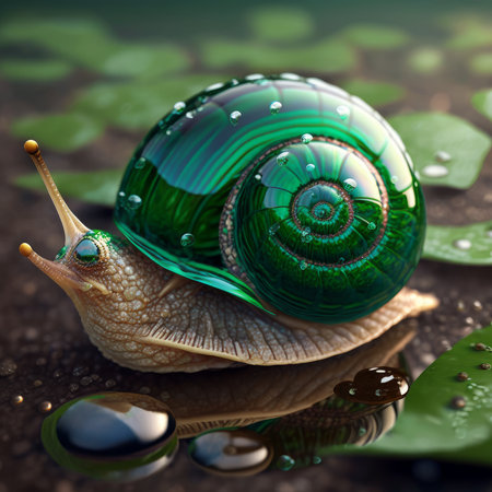 Snail with green shell on dark background. Generative AIの素材