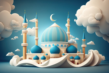 Ramadan Kareem background with mosque and clouds. Generative AIの素材