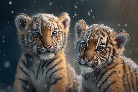 Two young tiger cubs playing in the snow. Generative Aiの素材