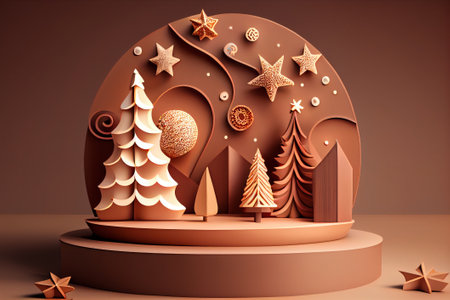 Generative AI Christmas podium background with christmas tree.の素材