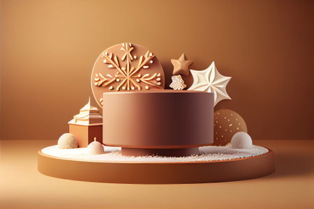 Generative AI of christmas background podium with gingerbread cookies and snowflakesの素材