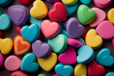 Colorful heart shaped candies on dark background. Top view. Generative AIの素材