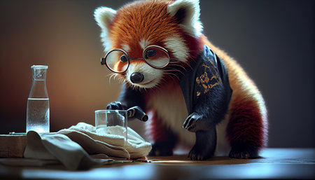 Cute little red panda with glasses sitting on a table. Generative AIの素材