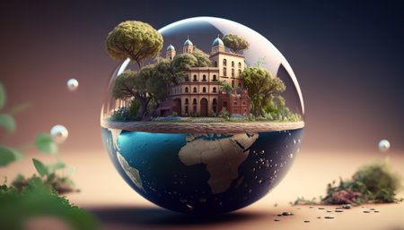 Earth globe with forest and church in the background. Generative AIの素材
