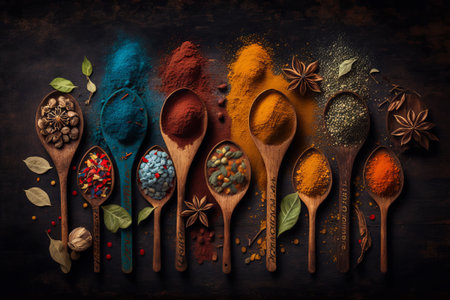 Colorful spices in wooden spoons on dark background, top view. Generative AIの素材