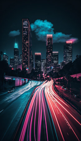 light trails on the modern building background Generative AIの素材