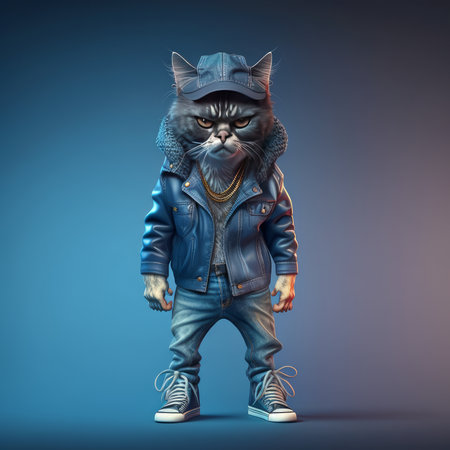Fashionable cat wearing a leather jacket and jeans. Generative AIの素材