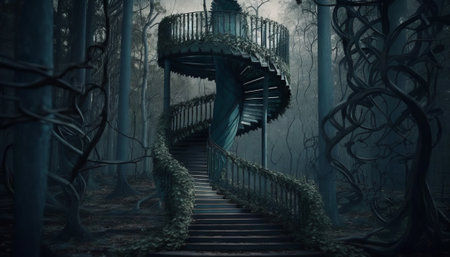 Mysterious halloween landscape with stairs in the forest. Generative AIの素材