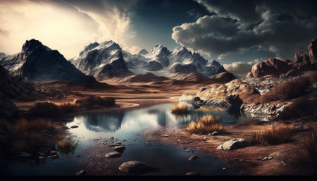 Fantasy Mountain and lake. Generative AIの素材