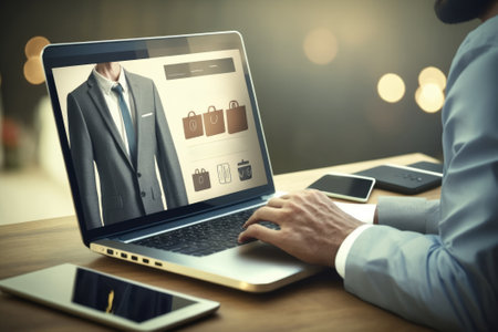 Man using laptop with shopping online concept on screen. Generative AIの素材