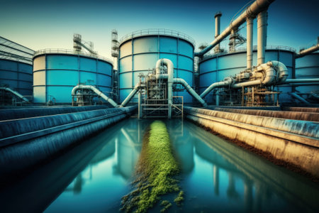 Industrial zone, Steel pipelines and cables on blue toned background. Generative AIの素材