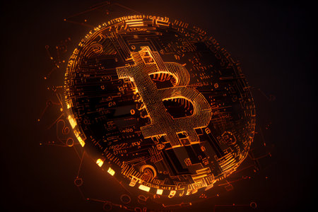 Bitcoin in the form of a circle on a dark background. Generative AIの素材