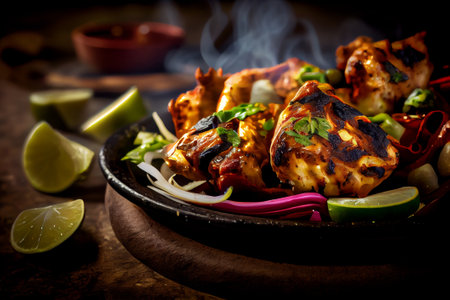 Tandoori chicken tikka served with onion and lime. selective focus. Generative AIの素材