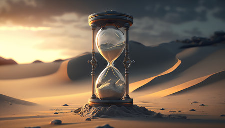 Sandglass in the desert. Generative AI. Time concept.の素材