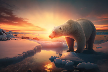 Polar bear (Ursus maritimus) on the ice at sunset. Generative AIの素材