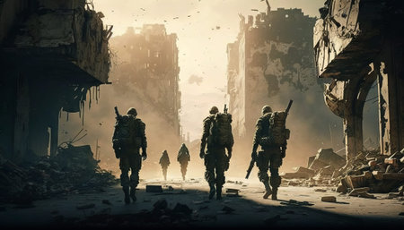 Group of soldiers in the ruins of an abandoned building. Disaster concept. Generative AIGroup of soldiers in the ruins of an abandoned building. Disaster concept. Generative AIの素材