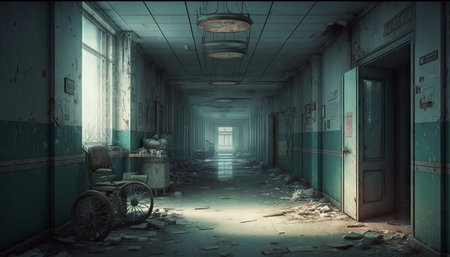 Interior of an abandoned hospital corridor. Generative AIの素材