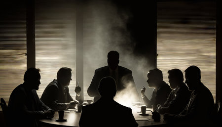 Silhouettes of business people sitting at a table in a conference room. Generative AIの素材