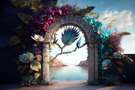 Generative AI of an arch with flowers and plants in the backgroundの素材
