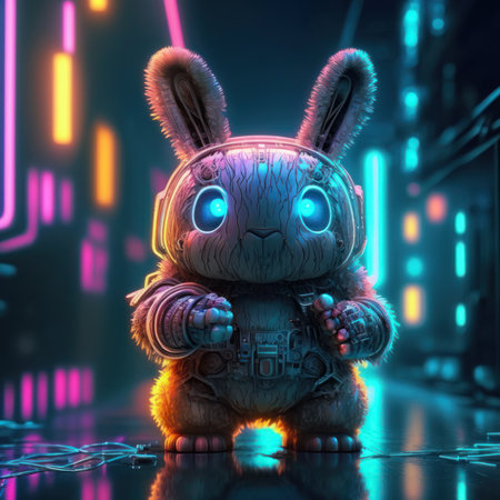 Generative AI of a little bunny wearing an astronaut costume with a spaceship in the background.の素材