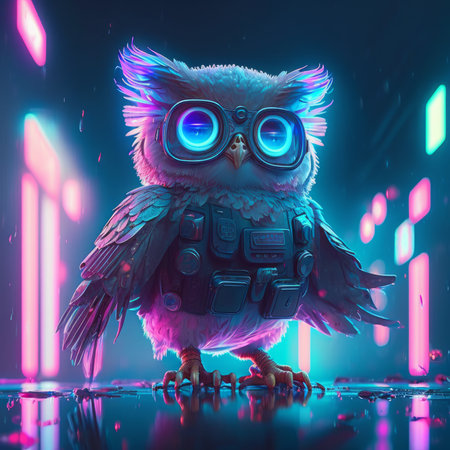 Owl with glasses on the background of neon lights. Generative AIの素材