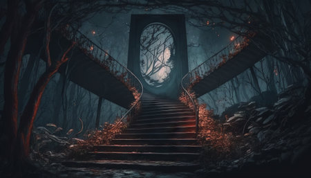 Mystical halloween scene with stairs in the dark forest. Generative AIの素材