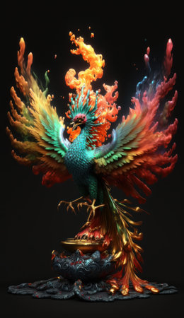 Generative AI of a peacock made of glass on a black backgroundの素材