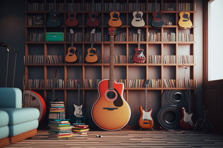 Generative AI of an acoustic guitar in a room with bookshelvesの素材