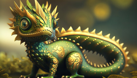 Generative AI of a green baby dragon on a green backgroundの素材