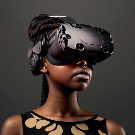 Beautiful african american woman wearing virtual reality headset. Generative AIの素材