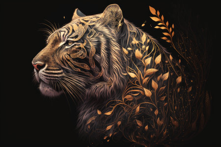 Tiger with floral ornament on a black background. Generative AIの素材