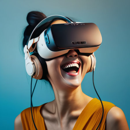 Young woman wearing virtual reality goggles. Future technology and entertainment concept. Generative AIの素材