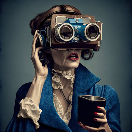 Mature woman wearing virtual reality goggles. Generative AIの素材